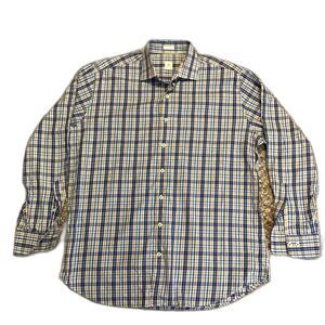 Peter Millar Blue Brown White Plaid Cotton Long Sleeve Button Front Shirt Sz XL